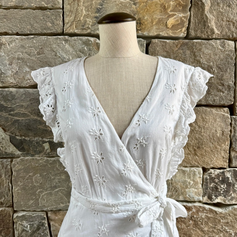 Outerknown Eyelet Kahlo Wrap Dress XS/S White Maxi Ruffle Cottage Feminine Airy - Picture 4 of 14